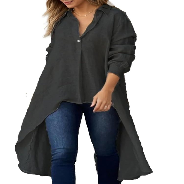 Womens V Neck Cotton Linen Shirt Tops Button Solid Long Sleeve Shirts Blouses Casual Loose Flowy Long Shirts Black