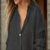 Womens V Neck Cotton Linen Shirt Tops Button Solid Long Sleeve Shirts Blouses Casual Loose Flowy Long Shirts Black view 3