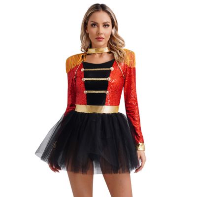 Hedmy Women's Sequin Ringmaster Costume Lion Tamer Party Tutu Dress Leotard Tassels Dancewear Red X-Large