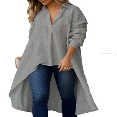 Womens V Neck Cotton Linen Shirt Tops Button Solid Long Sleeve Shirts Blouses Casual Loose Flowy Long Shirts Grey