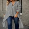 Womens V Neck Cotton Linen Shirt Tops Button Solid Long Sleeve Shirts Blouses Casual Loose Flowy Long Shirts Grey view 2
