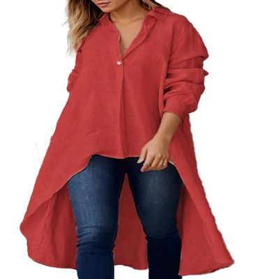 Womens V Neck Cotton Linen Shirt Tops Button Solid Long Sleeve Shirts Blouses Casual Loose Flowy Long Shirts Red