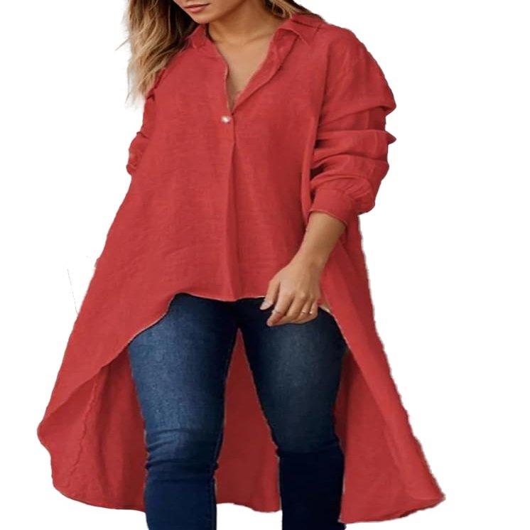 Womens V Neck Cotton Linen Shirt Tops Button Solid Long Sleeve Shirts Blouses Casual Loose Flowy Long Shirts Red