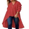 Womens V Neck Cotton Linen Shirt Tops Button Solid Long Sleeve Shirts Blouses Casual Loose Flowy Long Shirts Red view 1