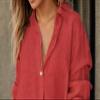 Womens V Neck Cotton Linen Shirt Tops Button Solid Long Sleeve Shirts Blouses Casual Loose Flowy Long Shirts Red view 3