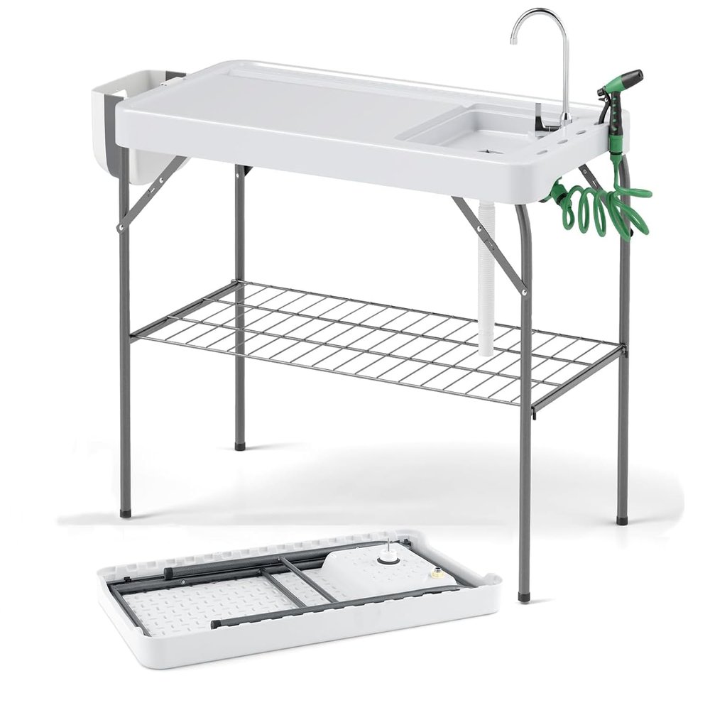 Byroce Folding Fish Cleaning Table, Fish Fillet Cutting Table with Sink, 360 Rotary Faucet & Spray Nozzle, 2-in-1 Outdoor Camping Sink Table, Portable Fish Clean Station for Fishing, BBQ, Picnic