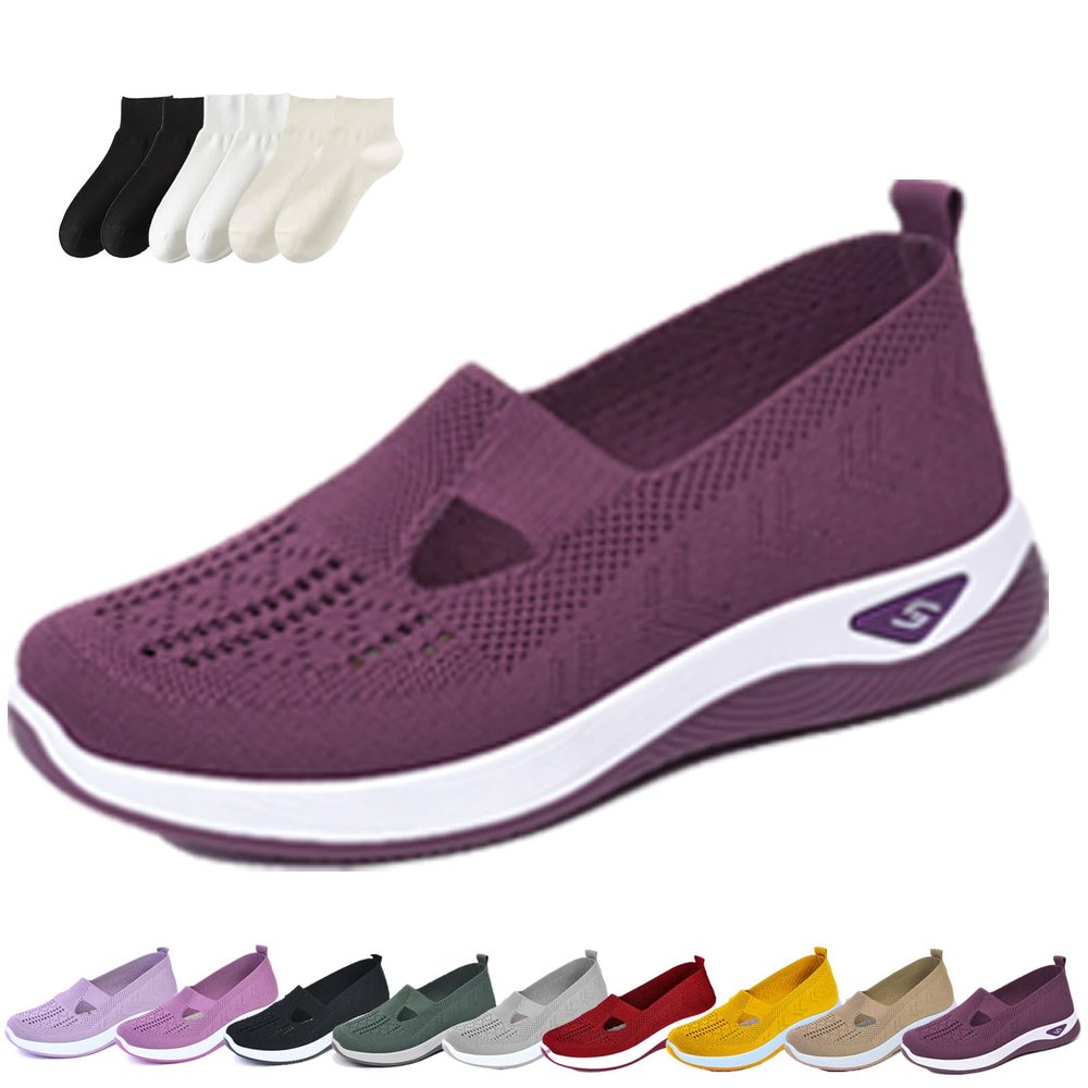 2024 New Knitted Sneakers for Women, Soft Sole Platform Casual Orthopedic Breathable Soft Slip On Foam Walking Shoes. (Dark Purple,7)