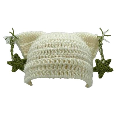 Cat Ear Beanie Hat Star Hat Cute Winter Hats for Women Crochet Fox Ear Striped Wool Knitted Hat (Off-White)