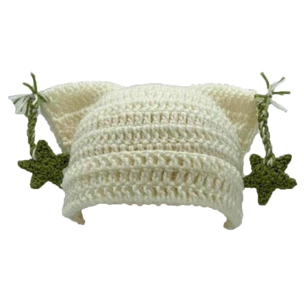 Cat Ear Beanie Hat Star Hat Cute Winter Hats for Women Crochet Fox Ear Striped Wool Knitted Hat (Off-White)