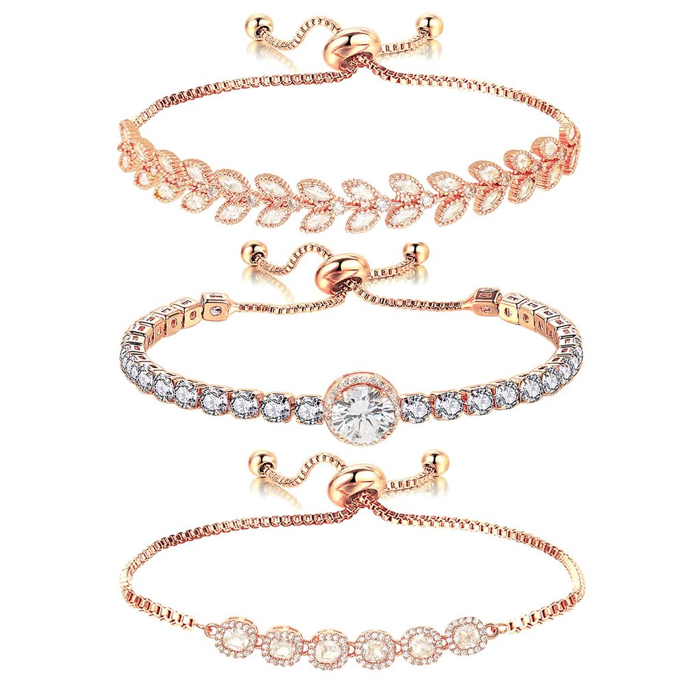 Wovanoo Tennis Bracelet for Women Cubic Zirconia Bracelets Adjustable Slider Bracelets Rose Gold