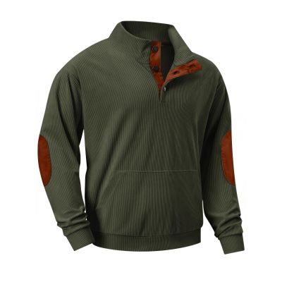 Cambkatl Mens Button Up Corduroy Sweatshirt Long Sleeve Casual Stand Collar Lightweight Pullover Tops with Elbow Patches