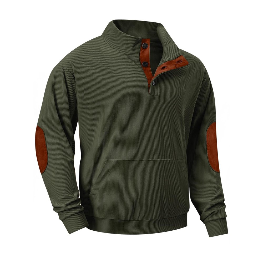 Cambkatl Mens Button Up Corduroy Sweatshirt Long Sleeve Casual Stand Collar Lightweight Pullover Tops with Elbow Patches