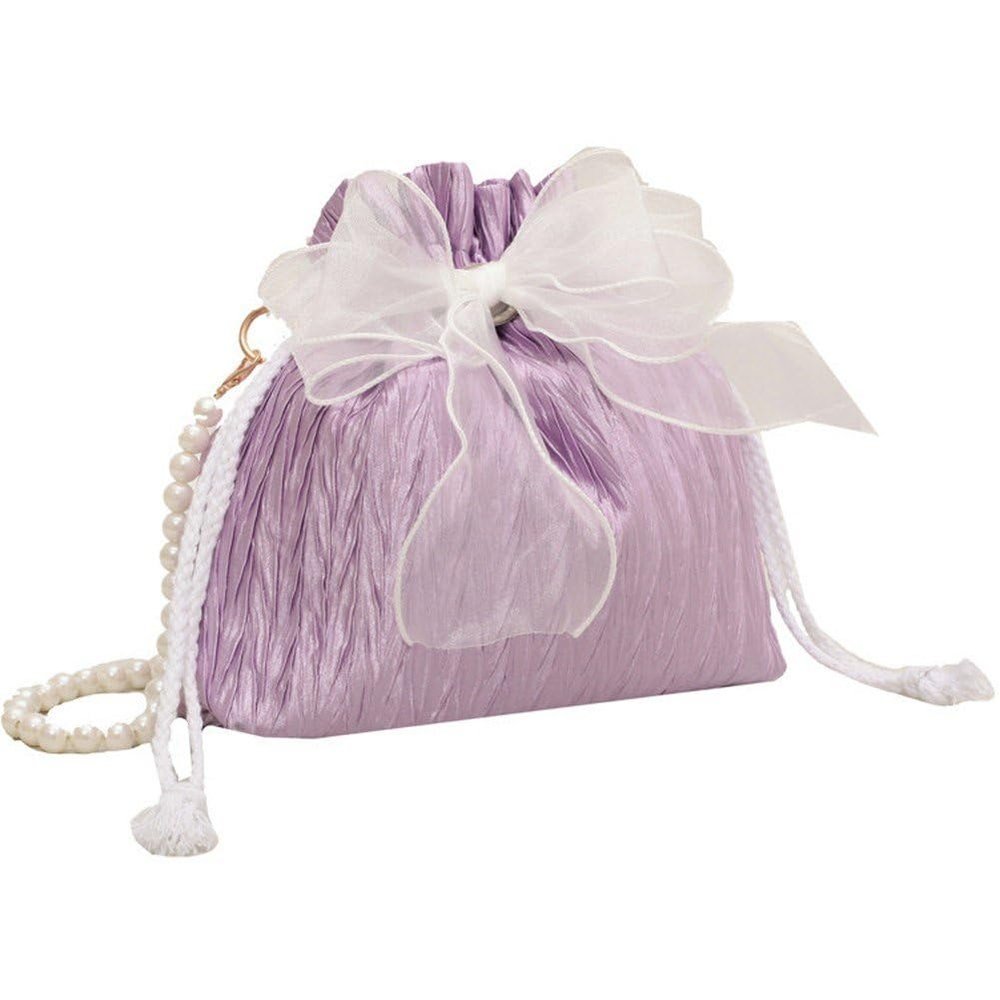 Vobumix Lace Bow Tote Bag White Pearl Handle Bag Evening Bag Summer Bucket Crossbody Bag Women Supply for Daily Matching
