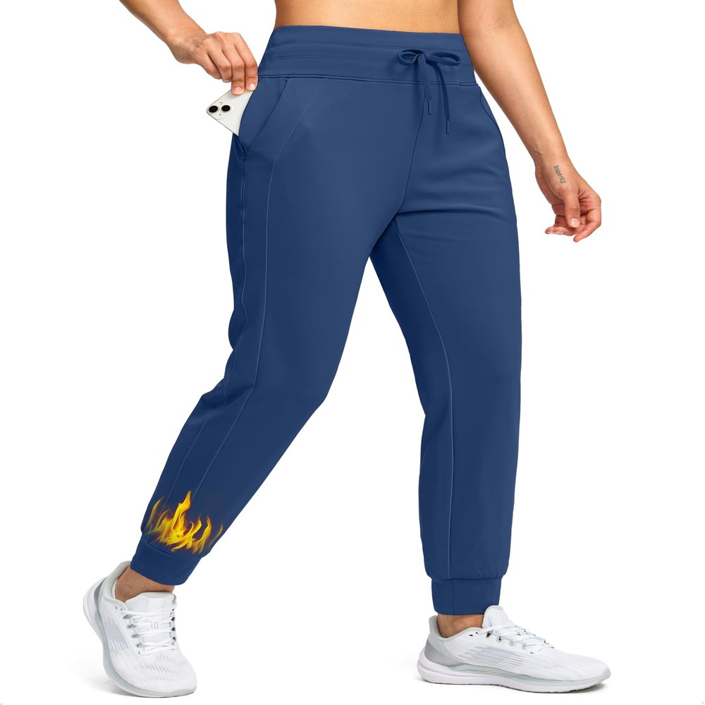 Soothfeel Women's Fleece Lined Joggers Water Resistant High Waisted Sweatpants Winter Warm Thermal Running Hiking Pant Pocket Dark Blue S