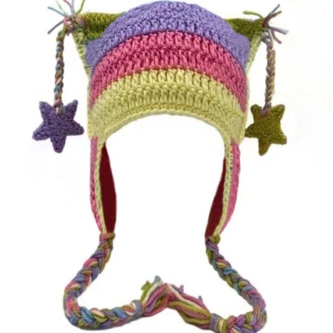 Cat Ear Beanie Hat Star Hat Cute Winter Hats for Women Crochet Fox Ear Striped Wool Knitted Hat (Tricolor Braided cat Ears)