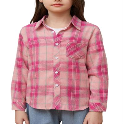 Betusline Girls' Plaid Flannel Shirt, Kids Long Sleeve Button Button Shirts Tops,F Dark Pink & Gray #13-4 Years= Tag 110
