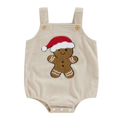 GOOCHEER Newborn Baby Girl Boy Christmas Outfit Gingerbread Man Sleeveless Suspender Overalls Romper Winter Clothes (Khaki, 3-6 Months)