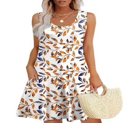 WEESO Hawaiian Dresses for Women Flower 2026 Loose V Neck Swing Tank Dress Sundresses with Pockets Floral Leaf M