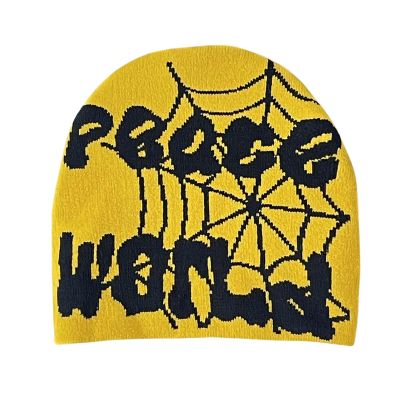 2THESTARS Y2K Beanie Hat for Men & Women Trendy Soft Stretchable Winter Cap, Spider Design Cold Knit Weather Accessory -Yellow