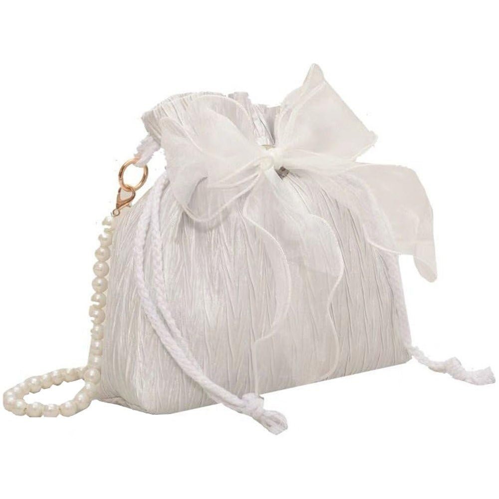 Vobumix Lace Bow Tote Bag White Pearl Handle Bag Evening Bag Summer Bucket Crossbody Bag Women Supply for Daily Matching