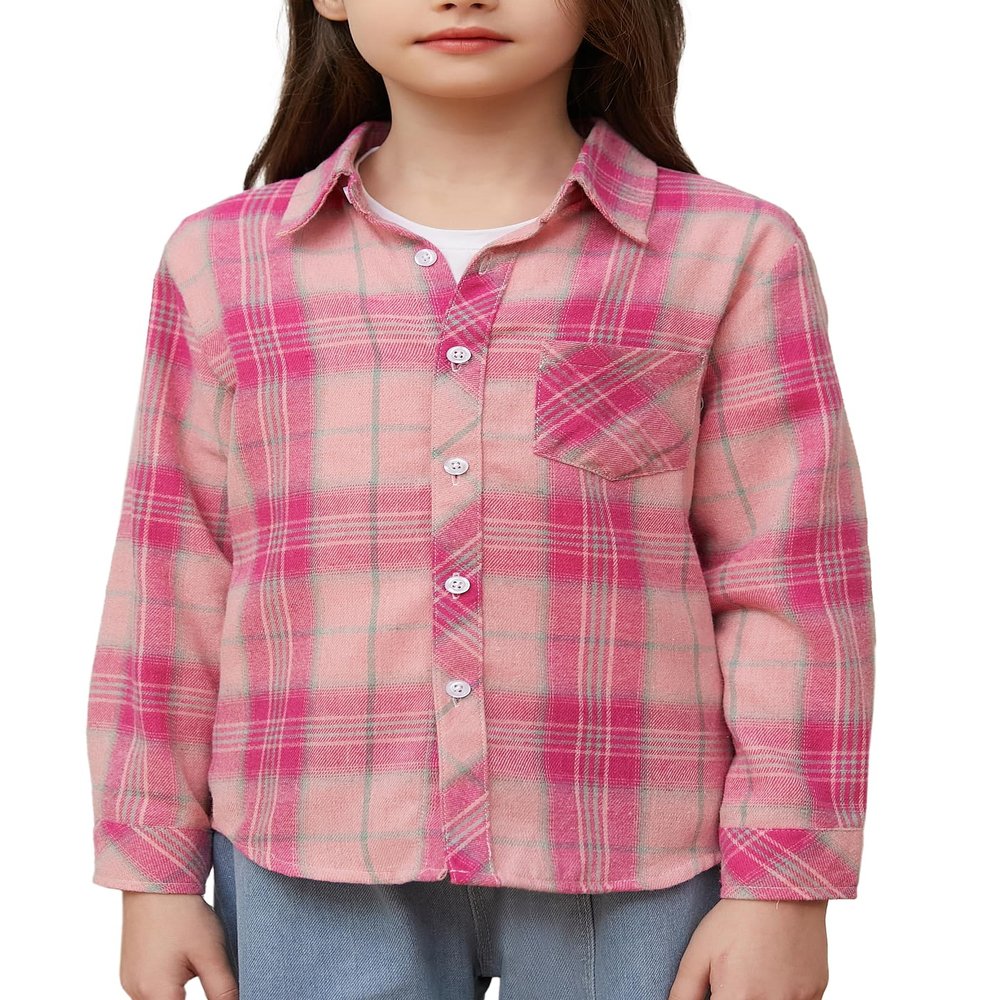 Betusline Girls' Plaid Flannel Shirt, Kids Long Sleeve Button Button Shirts Tops,F Dark Pink & Gray #17-8 Years= Tag 140