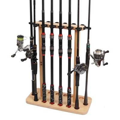 VEYWANE Fishing Rod Storage Racks, 100% Wood Floor Stand Fishing Pole Holders for Garage of 14 Rods or Combos