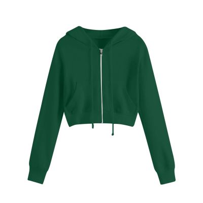 Women's Crop Tops Zip Up Hoodies Teen Girls Fall Jacket Casual Workout Long Sleeve Cropped Sweatshirts Y2K Clothes Dark Green