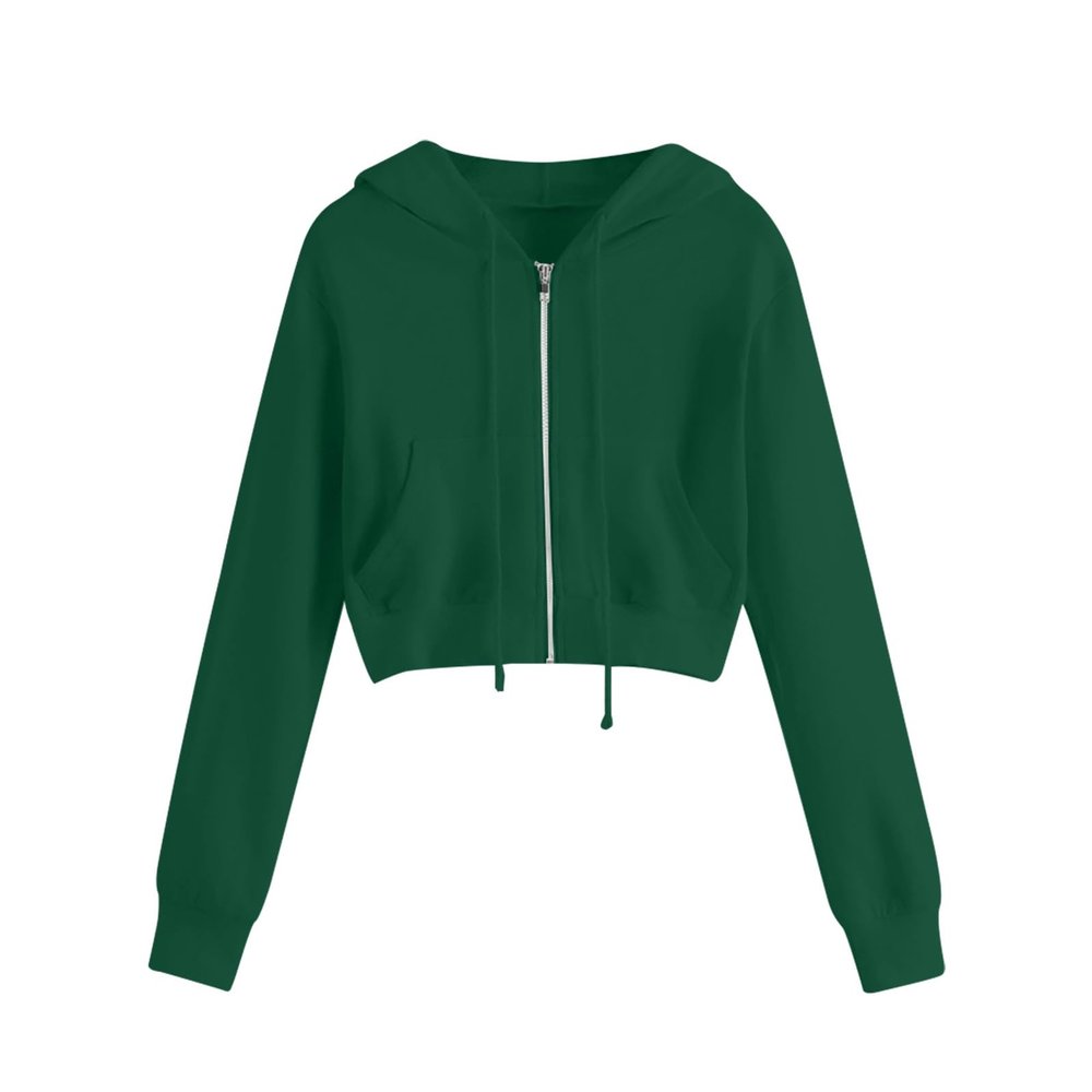 Women's Crop Tops Zip Up Hoodies Teen Girls Fall Jacket Casual Workout Long Sleeve Cropped Sweatshirts Y2K Clothes Dark Green