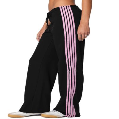 Luckinbaby Women Side Striped Track Pants Elastic Waist Wide Leg Sweatpants Contrast Stripes Drawstring Baggy Joggers(Casual Black,L)