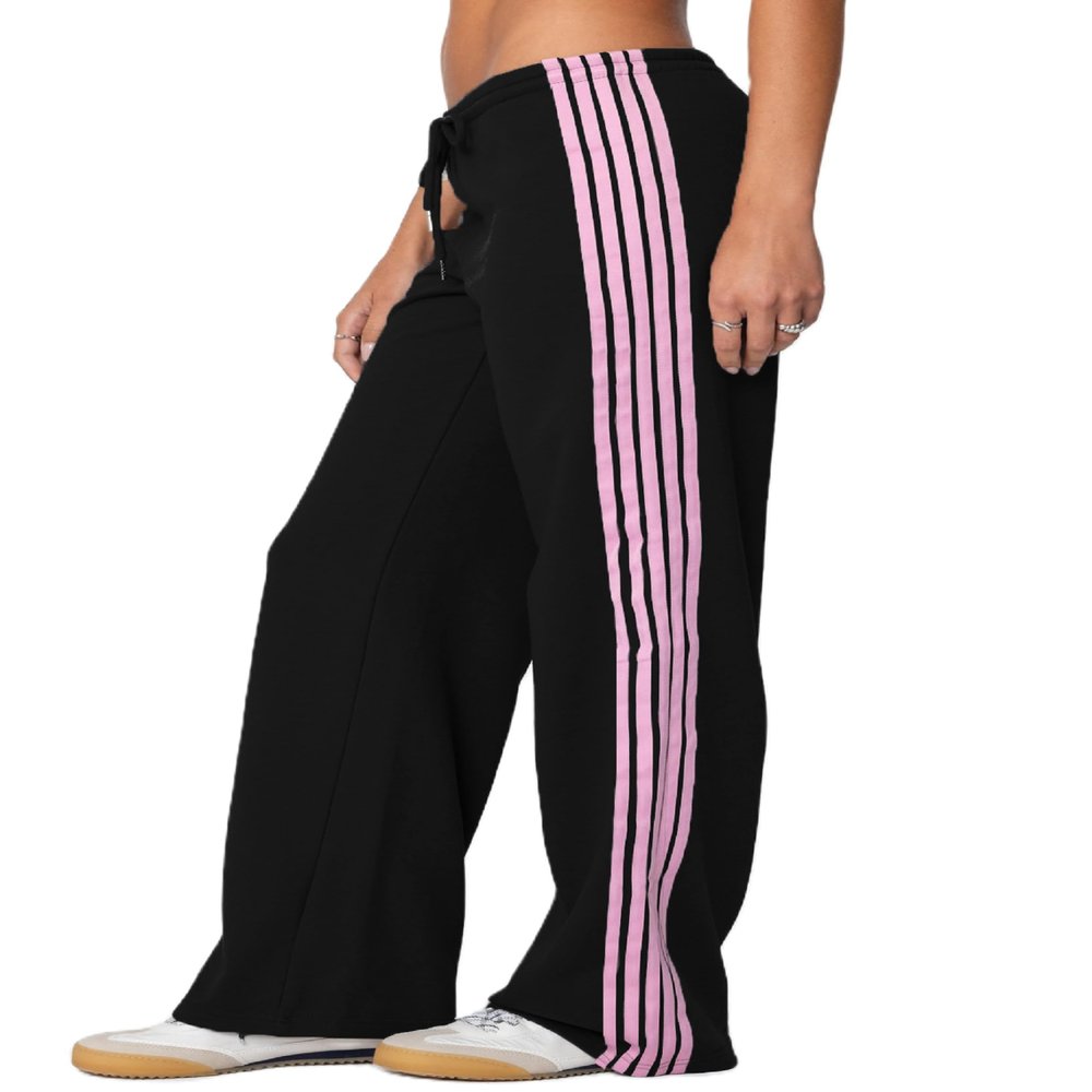 Luckinbaby Women Side Striped Track Pants Elastic Waist Wide Leg Sweatpants Contrast Stripes Drawstring Baggy Joggers(Casual Black,L)