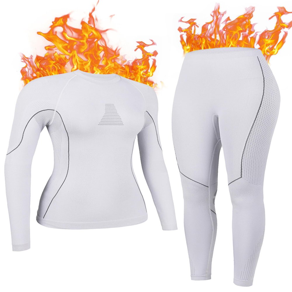 ATTRACO Women's Thermal Underwear Top and Bottom Sets Breathable Long John Ultra Thin Base Layers White L