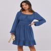 ANRABESS Womens Dress Long Lantern Sleeve Square Neck Elastic Waist Ruffle Flowy Swing A-Line Short Dresses 2025 Fall Fashion Dark Blue Small view 2