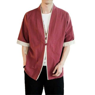 Shirt Men Japanese Kimono Blouse Chinese Style Embroidered Tang Suit Casual Cardigan Streetwear Coat red M