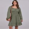 ANRABESS Womens Dress Long Lantern Sleeve Square Neck Elastic Waist Ruffle Flowy Swing A-Line Short Dresses 2025 Fall Fashion Army Green XX-Large view 3