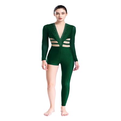 FEESHOW Women's Asymmetrical Gymnastics Leotard Long Sleeve Round Neck Figure Skating Jumpsuit Green Small