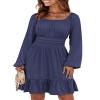 ANRABESS Womens Dress Long Lantern Sleeve Square Neck Elastic Waist Ruffle Flowy Swing A-Line Short Dresses 2025 Fall Fashion Navy Blue Small view 1