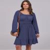 ANRABESS Womens Dress Long Lantern Sleeve Square Neck Elastic Waist Ruffle Flowy Swing A-Line Short Dresses 2025 Fall Fashion Navy Blue Small view 3