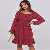 ANRABESS Womens Dress Long Lantern Sleeve Square Neck Elastic Waist Ruffle Flowy Swing A-Line Short Dresses 2025 Fall Fashion Red X-Small view 2