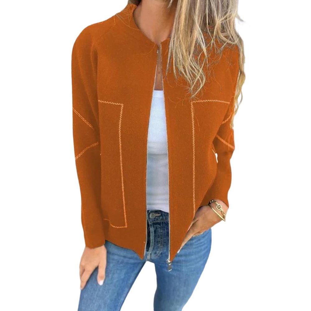 Women's Jacket with Zipper and Pockets,Womens Bomber Jacket Coat,Stand Collar Bomber Jacket Casual Long Sleeve Coat (Orange,5XL)