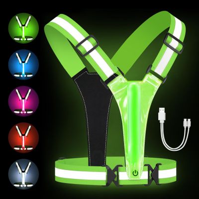 ELLUMIN LED Reflective Running Vest Gear, Rechargeable 5 Lights Colors High-Visibility Gear with Adjustable Waist/Shoulder for Man Woman Night Running Cycling Walking Dogs(Green, 1Pack)
