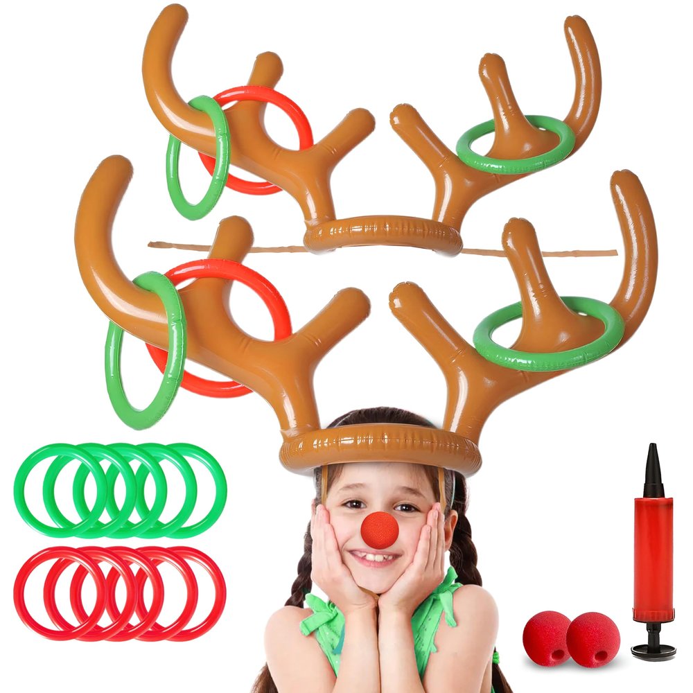 CircleCraft Inflatable Reindeer Antler Ring Toss Game Set  2025 Christmas Party Games for Families  Includes 2 Antler Hats, 10 Rings, Red Reindeer Noses, and Pump  Perfect for Holiday Fun