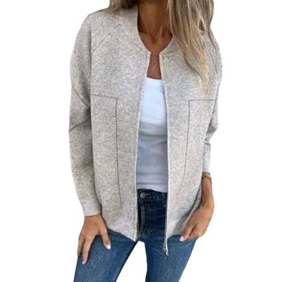 Women's Jacket with Zipper and Pockets,Womens Bomber Jacket Coat,Stand Collar Bomber Jacket Casual Long Sleeve Coat (Light Grey,L)