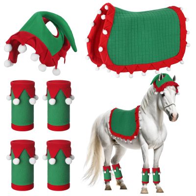 Abbylike 6 Pcs Christmas Holiday Santa Leg Wraps with Faux Fur Trim Holiday Santa Horse Hat All Purpose Santa Saddle Pad for Christmas Horse Costume Accessories (Classic Style, Red,Green)