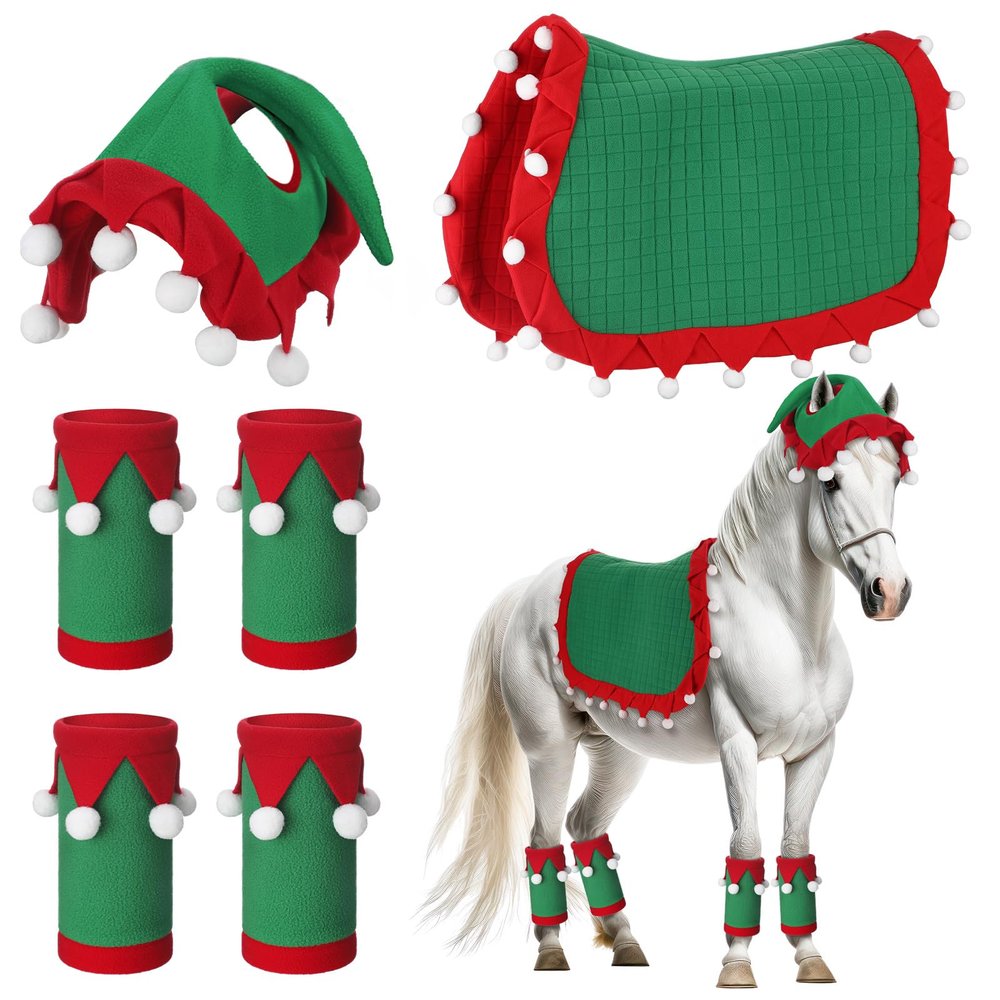 Abbylike 6 Pcs Christmas Holiday Santa Leg Wraps with Faux Fur Trim Holiday Santa Horse Hat All Purpose Santa Saddle Pad for Christmas Horse Costume Accessories (Classic Style, Red,Green)