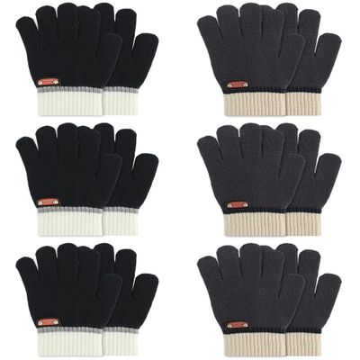 DAQING 6 Pairs of Kids Gloves Knitted Wool Winter Gloves Children Full Fingers Stretchy Warm Mittens for Boys Girls (Black/Dark Grey,1-5 Years)