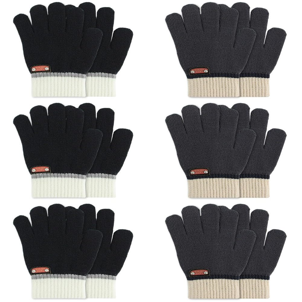 DAQING 6 Pairs of Kids Gloves Knitted Wool Winter Gloves Children Full Fingers Stretchy Warm Mittens for Boys Girls (Black/Dark Grey,1-5 Years)