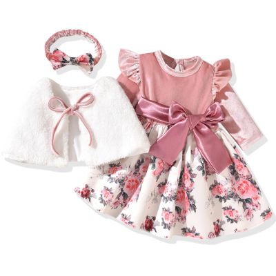 4-5T Toddler Girls Dress and Velvet Cardigan Sets Little Girls Casual Floral Print Fall Dresses Winter with Headband