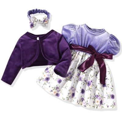 4-5T Toddler Girls Dress and Velvet Cardigan Sets Little Girls Casual Floral Print Fall Dresses Winter with Headband