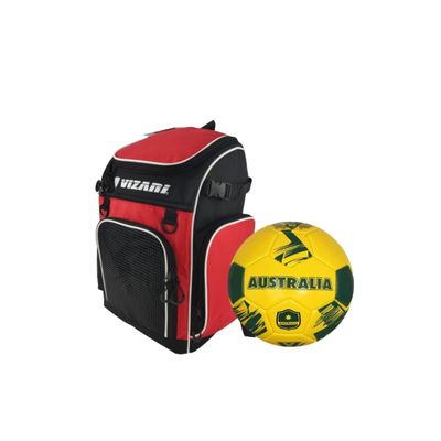 Vizari Cambria Multi-Sport Backpack (Red/White) with National Team Soccer Ball Combo | Versatile Sports Backpack with Durable Faux Leather & Rubber Country Ball (Australia, Size 4)