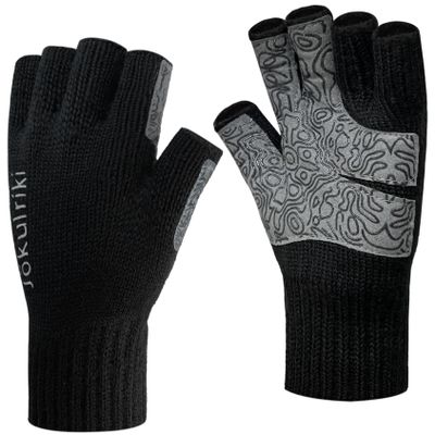 Jkulrki Merino Wool Fingerless Gloves Warm for Men and Women Cold Weather Winter Half Finger Gloves (Black, S/M)